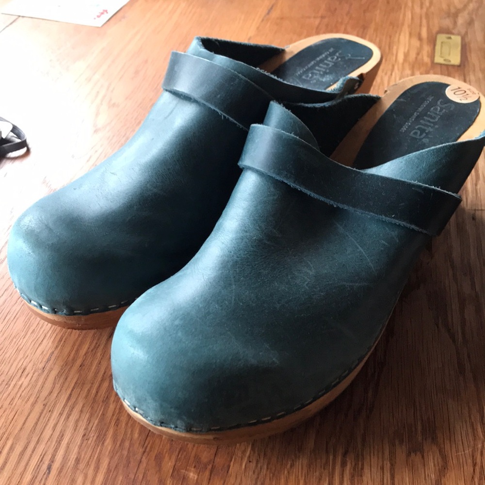 Sanita Leather Boho Wooden Clogs Blue Size 10
